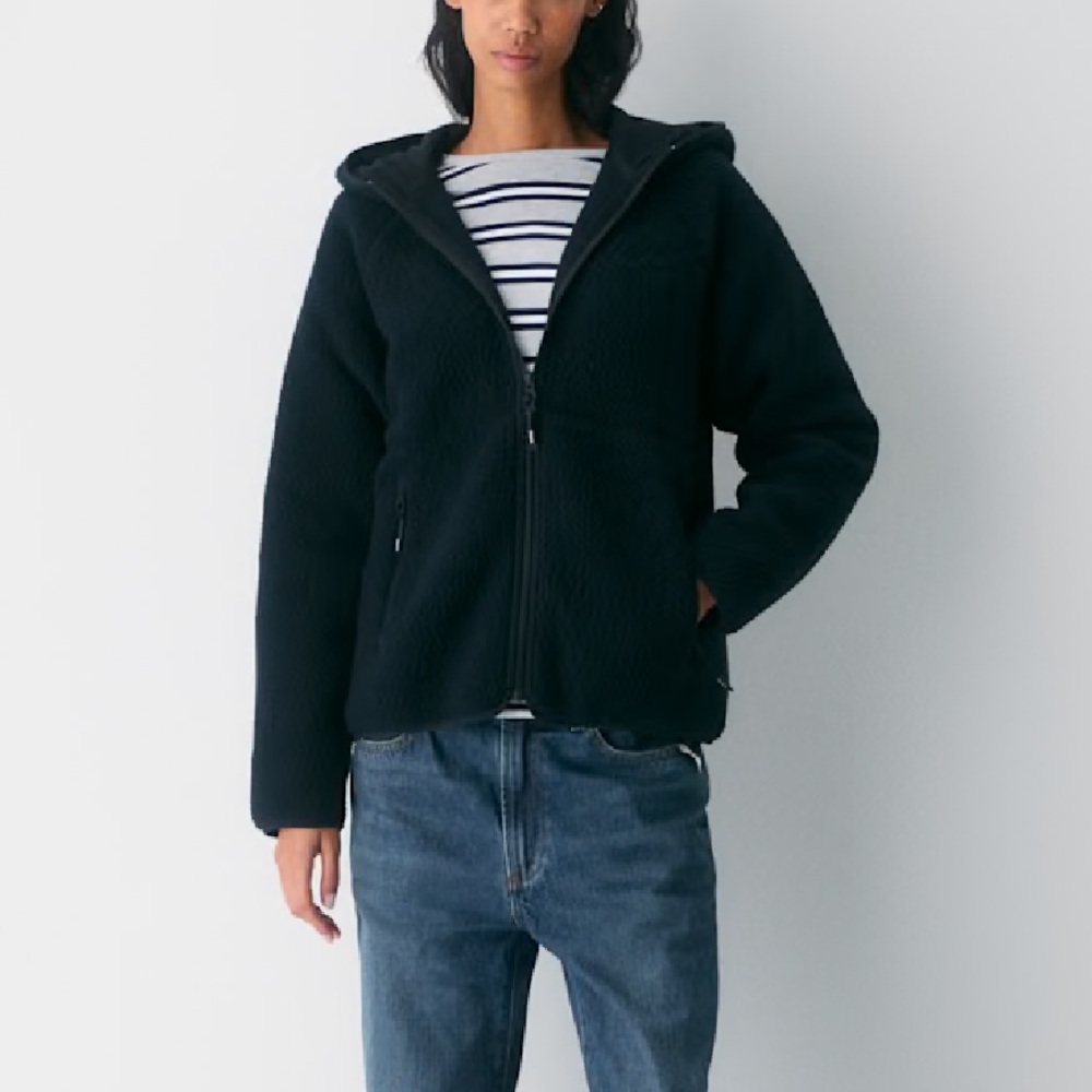 TNA Aritzia Women's Black Hooded Jacket Sherpa Fleece‎ Zip Small